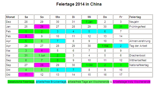 Kalender 2014 fr China Feiertage