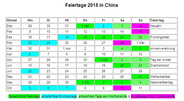 Kalender 2015 fr China Feiertage