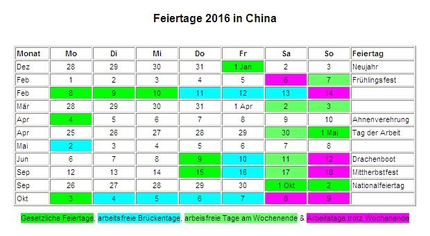 Kalender 2016 fr China Feiertage