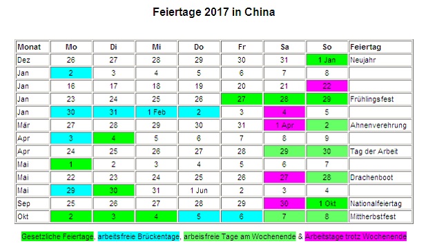 Kalender 2017 fr China Feiertage
